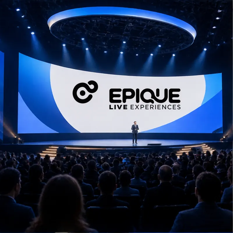 Concept visual: a convention stage with a curved LED screen carrying the Epique lockup above a seated audience.