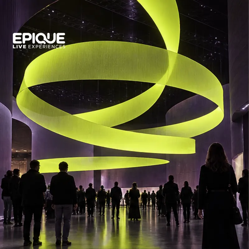 Concept visual: a chartreuse light ribbon suspended through a dark pavilion as visitors walk beneath it.